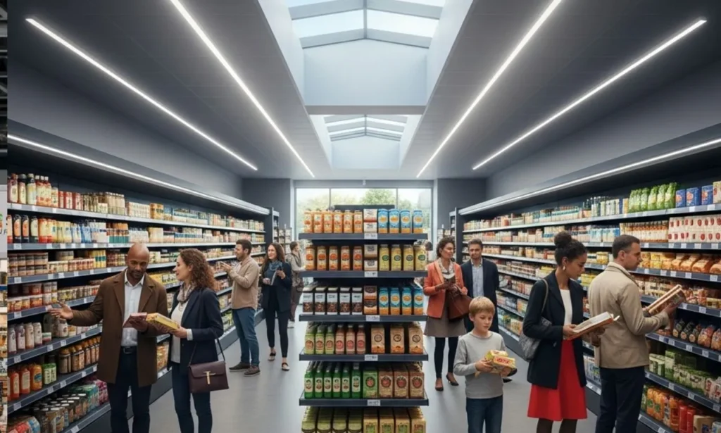 French FMCG shoppers comparing products in supermarket