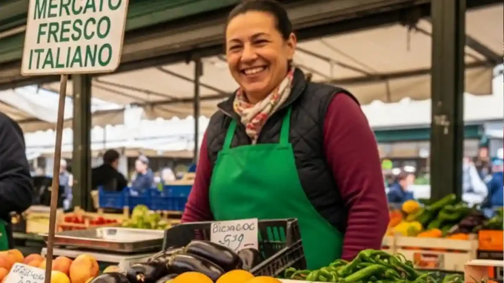 Italian fresh produce market vendor with seasonal fruit and vegetables.
