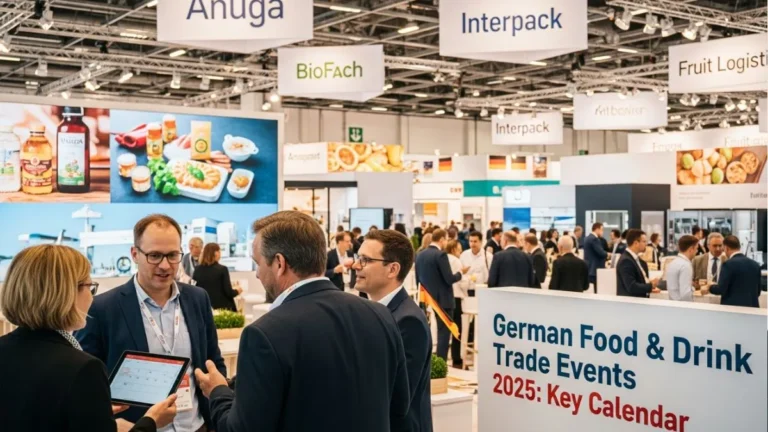 German food and drink trade events 2025 exhibition hall with Anuga, Interpack and BioFach stands