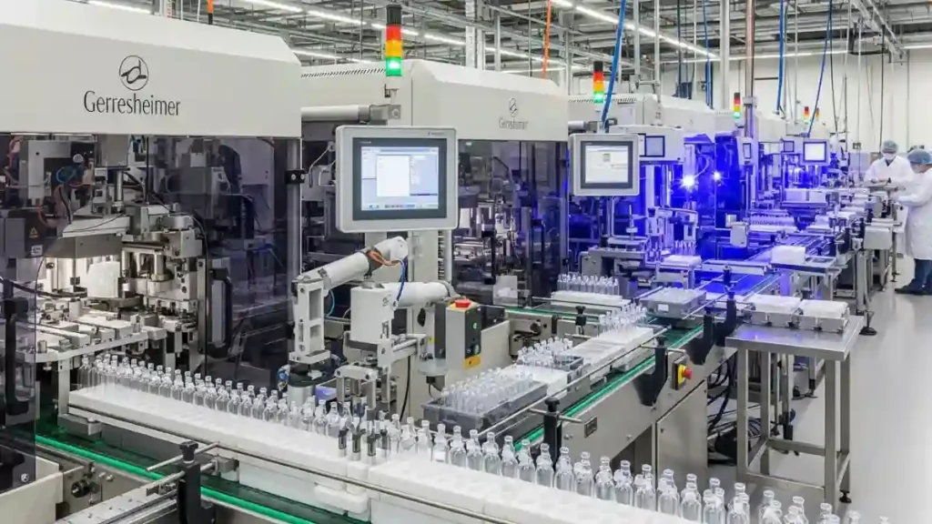 Automated Gerresheimer production line with vials on a packaging line.