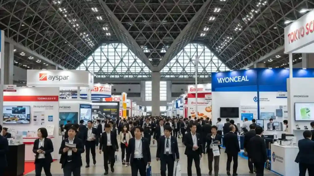 Crowd walking inside a Japanese food trade exhibition hall.