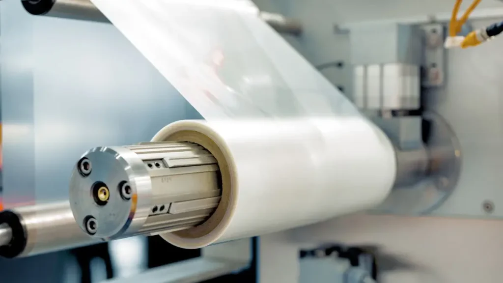 Roll of recyclable plastic film used in German packaging manufacturing