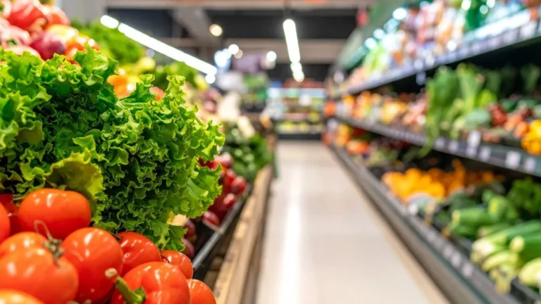 Fresh produce aisle in a store showing supermarket sustainability Germany 2025.