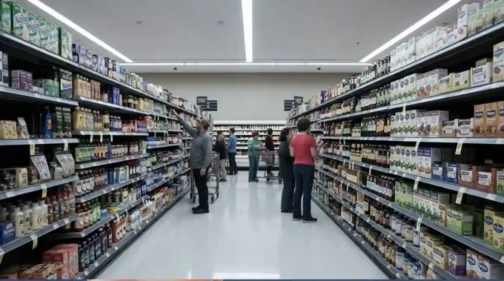 Belgian supermarket aisle with shoppers in 2025.