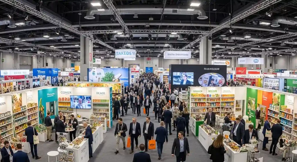Food and drink trade show hall with buyers and exhibitors.