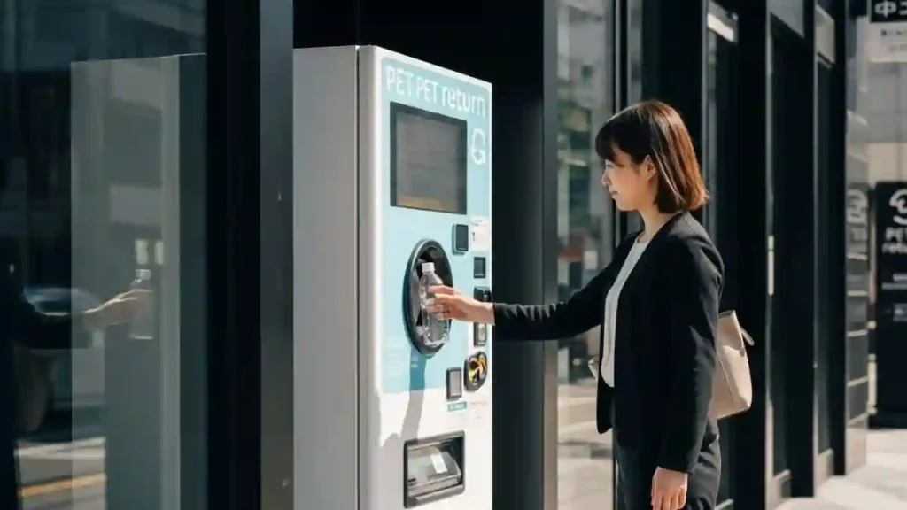 Person inserting an empty PET bottle into a recycling machine in Japan