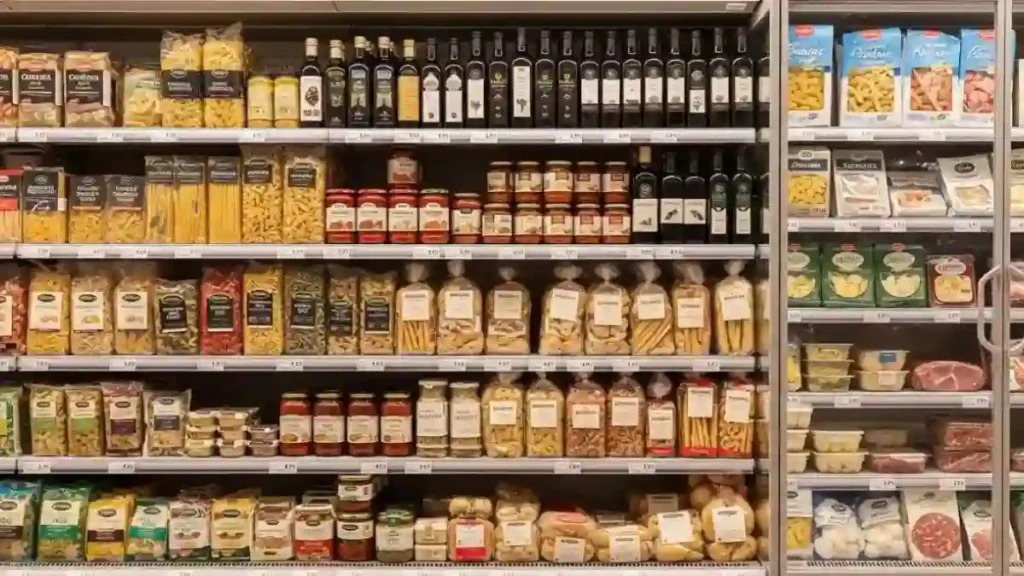 Italian private label food products on supermarket shelves