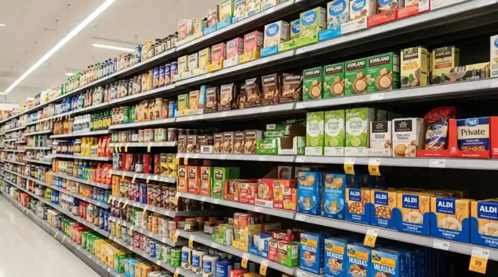 Private label products displayed on US supermarket shelves.