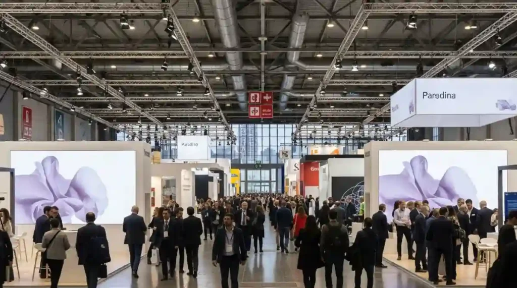 Trade show hall in Spain with exhibitors and buyers walking through the aisles.