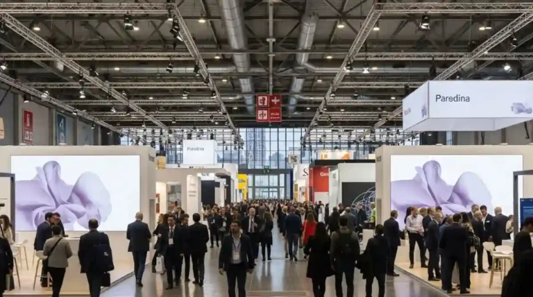 Trade show hall in Spain with exhibitors and buyers walking through the aisles.