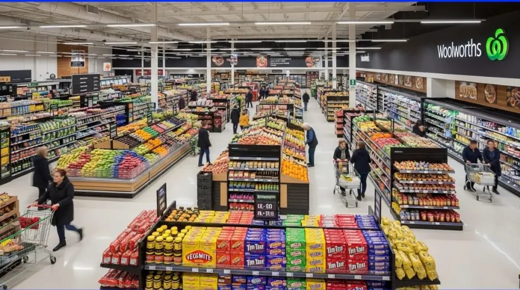 Australian supermarket aisle with grocery shoppers