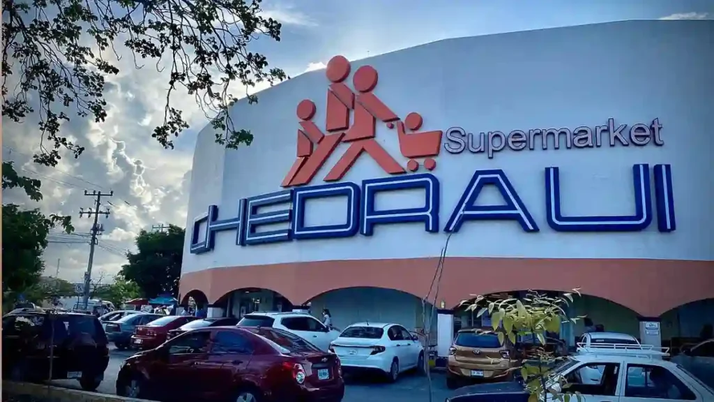 Fresh produce promotion signage inside a Chedraui supermarket in Mexico