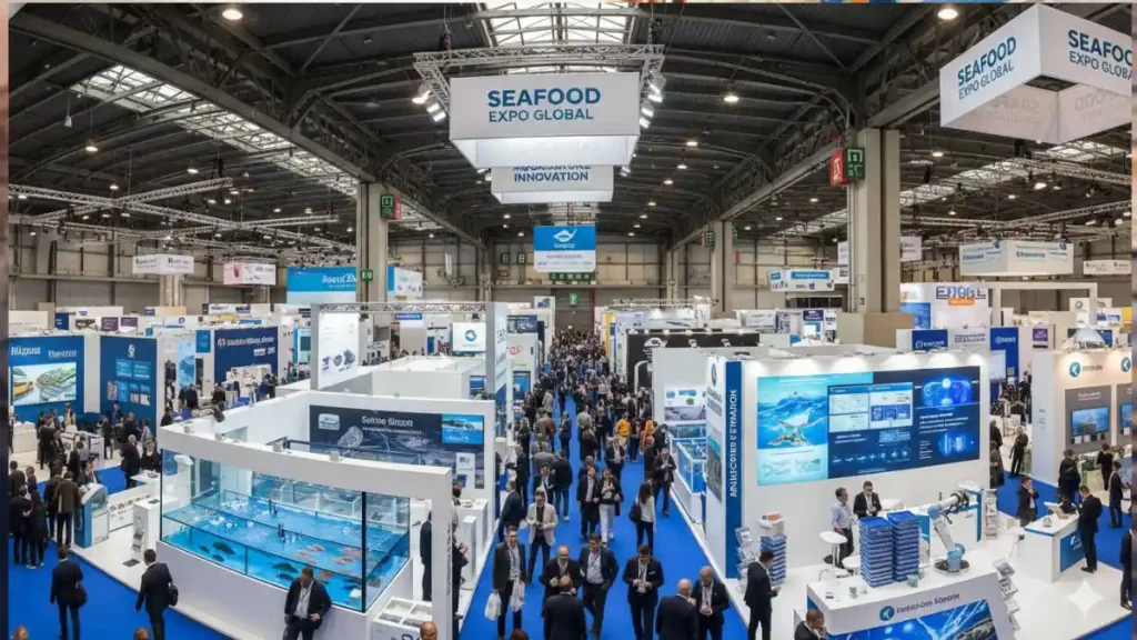 Wide-angle shot of Seafood Expo Global in Barcelona with aquaculture or technology booths visible. Why it works: Immediately signals this is a trade event Shows scale and professionalism Works well for Discover and News CTR
