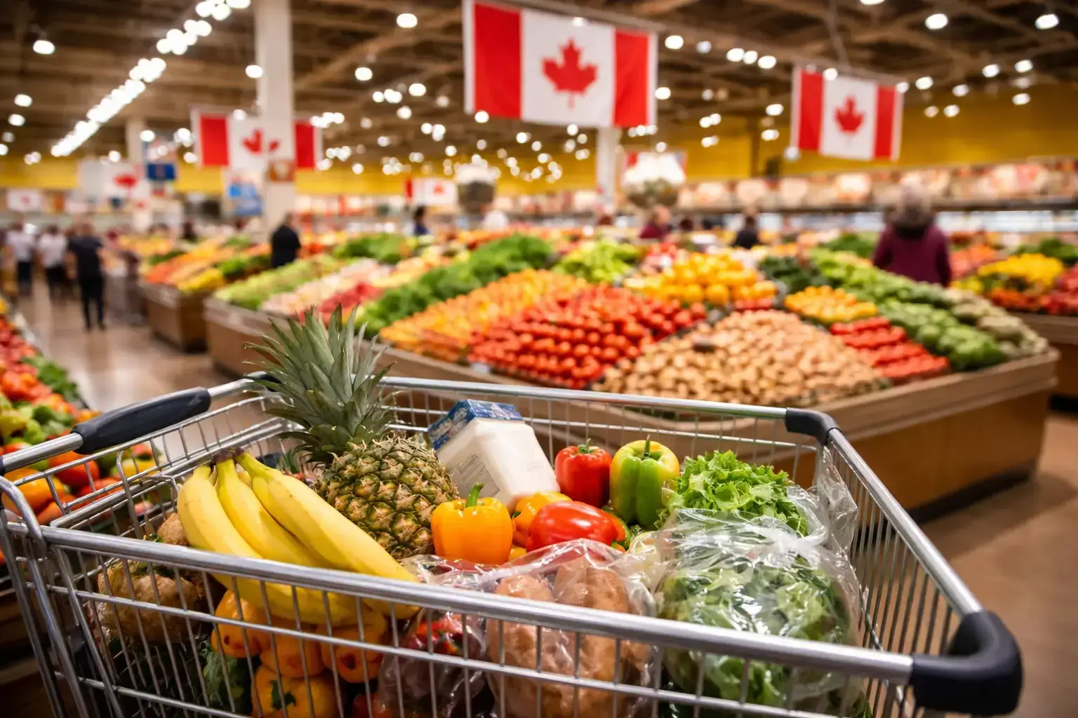 Grocery store profits in Canada 2026 illustrated by a busy Canadian supermarket produce section