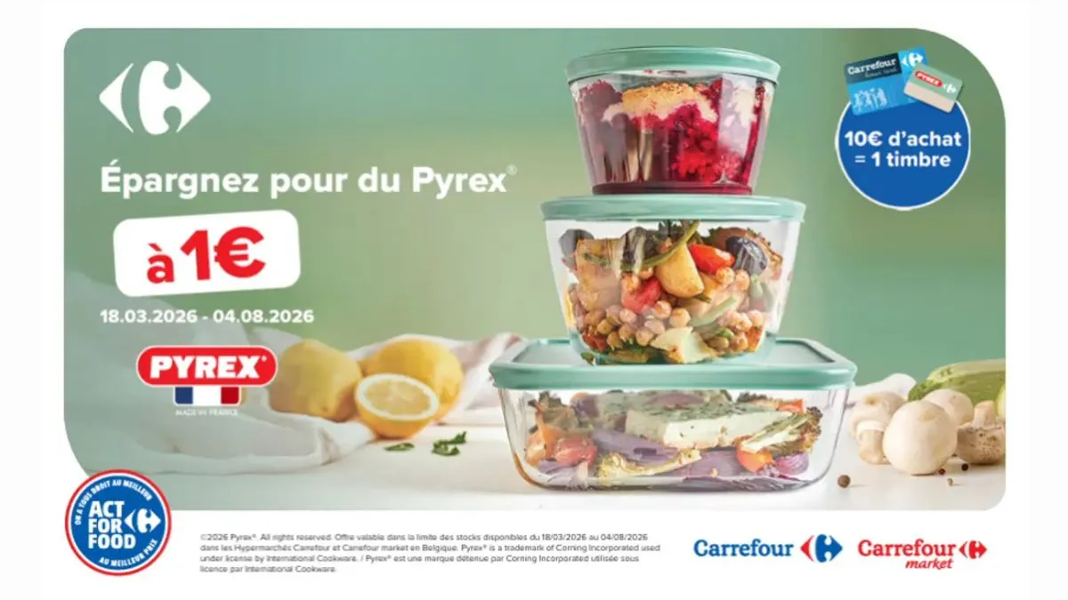 Carrefour Belgium Pyrex loyalty campaign promotion with €1 offer and stamp collection