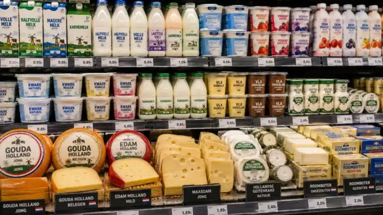 Dutch dairy products displayed in a supermarket