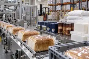 Packaged bread, tea products and sugar in a food factory