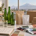 Illustration of glass jars, beverage bottles, cartons and flexible food packaging for an Armenia supplier guide
