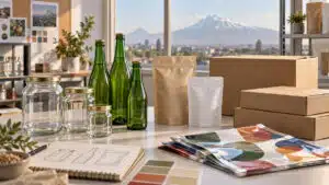 Illustration of glass jars, beverage bottles, cartons and flexible food packaging for an Armenia supplier guide