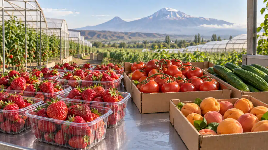 Illustration of strawberries, tomatoes, cucumbers and apricots for an Armenian produce sourcing guide
