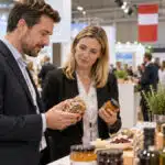 Buyers reviewing packaged food samples at a trade exhibition