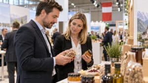 Buyers reviewing packaged food samples at a trade exhibition
