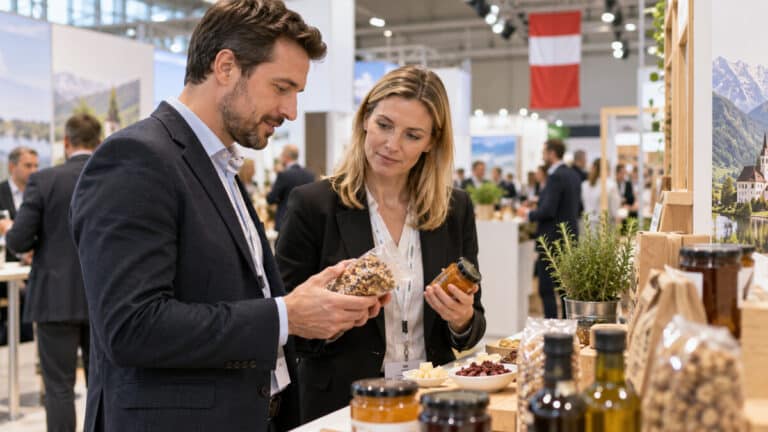 Buyers reviewing packaged food samples at a trade exhibition