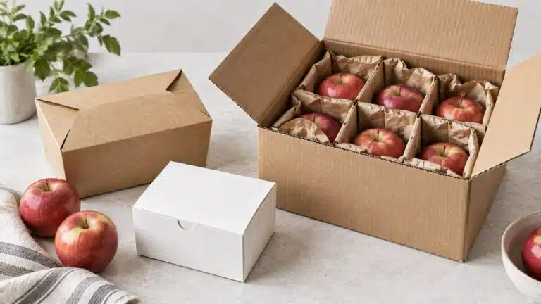 Kraft and white cartons beside red apples in a divided corrugated box.