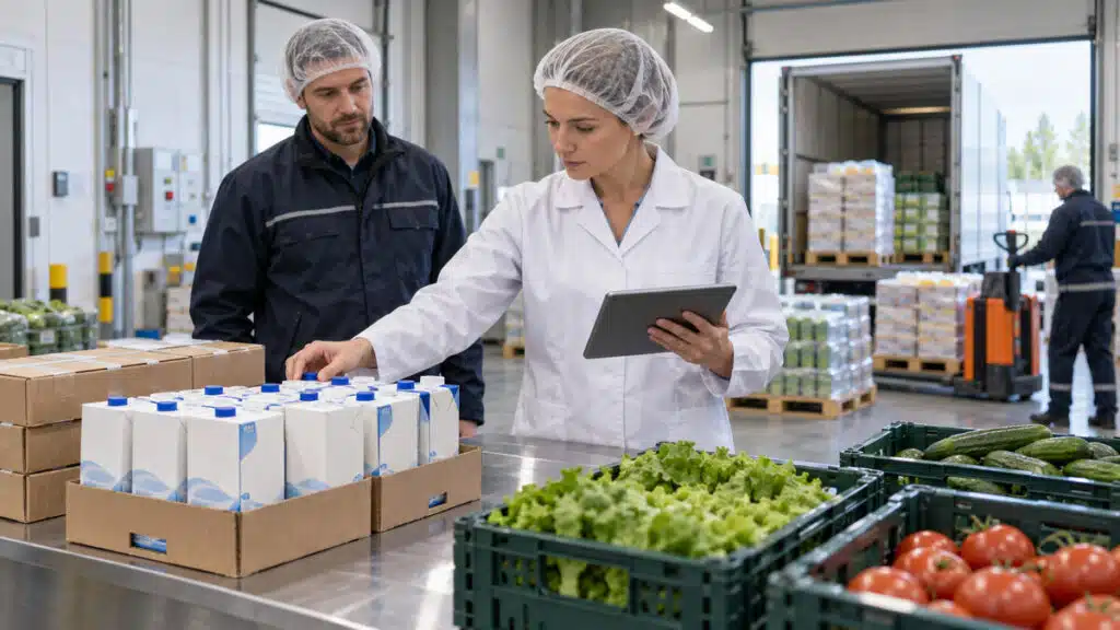 Quality specialist checking packaged food and produce at a distribution depot