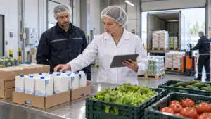 Quality specialist checking packaged food and produce at a distribution depot