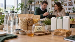 Grocery buyers reviewing drinks, cereal, dairy and honey cake samples on a buying table