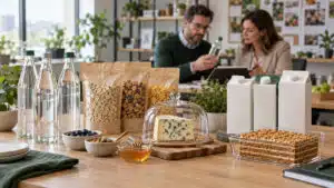 Grocery buyers reviewing drinks, cereal, dairy and honey cake samples on a buying table