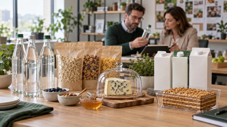 Grocery buyers reviewing drinks, cereal, dairy and honey cake samples on a buying table