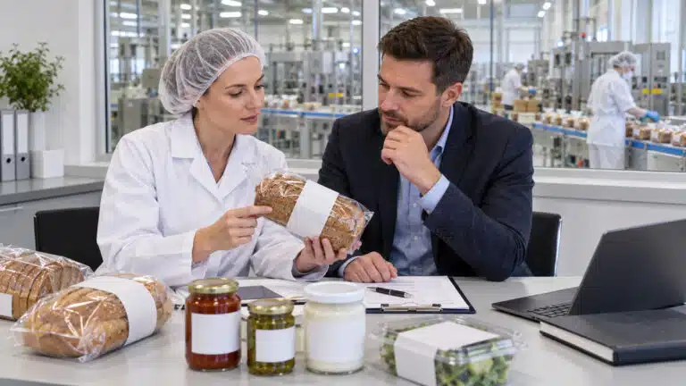 Illustration of a quality manager and grocery buyer reviewing food specifications in a Czech factory