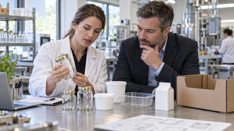 Packaging specialists examining glass jars, dairy tubs and cartons in a development workshop