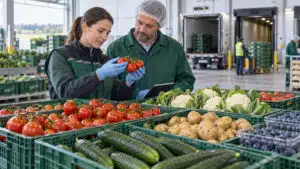 Produce staff checking tomatoes beside crates of vegetables at a distribution facility