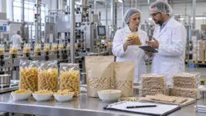 Pasta, cereal and crispbread samples being assessed at a food packaging facility