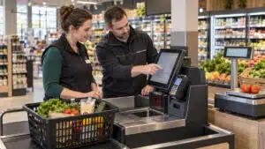 Store manager and technician testing checkout equipment beside a produce scale