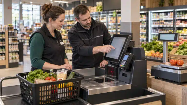 Store manager and technician testing checkout equipment beside a produce scale