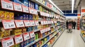 Electronic shelf labels displayed on supermarket shelving