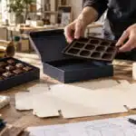 Illustration of chocolate boxes, fitted inserts and wrapping materials in a French packaging design studio