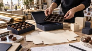 Illustration of chocolate boxes, fitted inserts and wrapping materials in a French packaging design studio