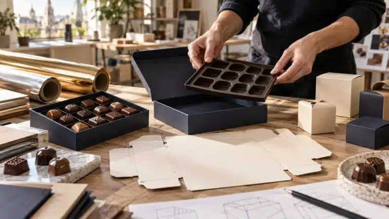Illustration of chocolate boxes, fitted inserts and wrapping materials in a French packaging design studio