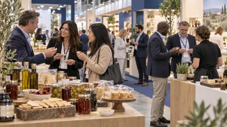 Grocery buyers discussing food samples with exhibitors at a professional trade fair