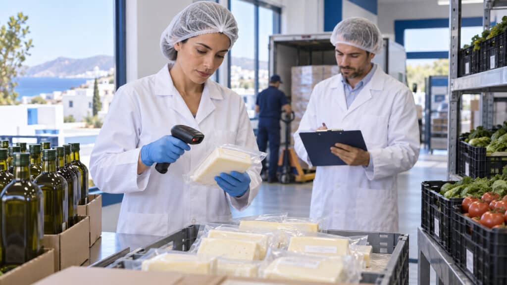 Food quality specialists checking sealed cheese deliveries beside olive oil and produce in a supermarket receiving area