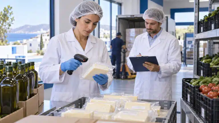 Food quality specialists checking sealed cheese deliveries beside olive oil and produce in a supermarket receiving area