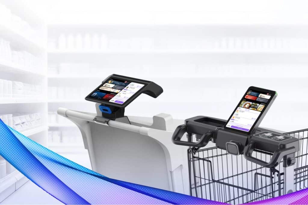 Two shopping trolleys with mounted touchscreen displays in a Hanshow product illustration