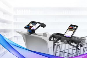 Two shopping trolleys with mounted touchscreen displays in a Hanshow product illustration