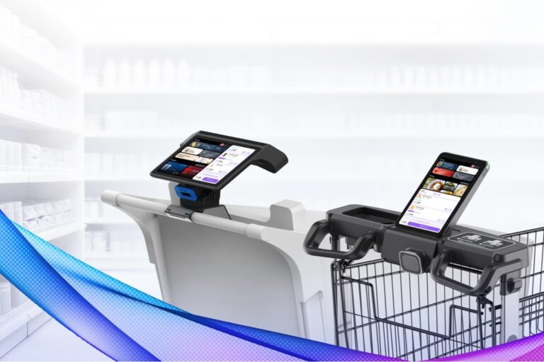 Two shopping trolleys with mounted touchscreen displays in a Hanshow product illustration