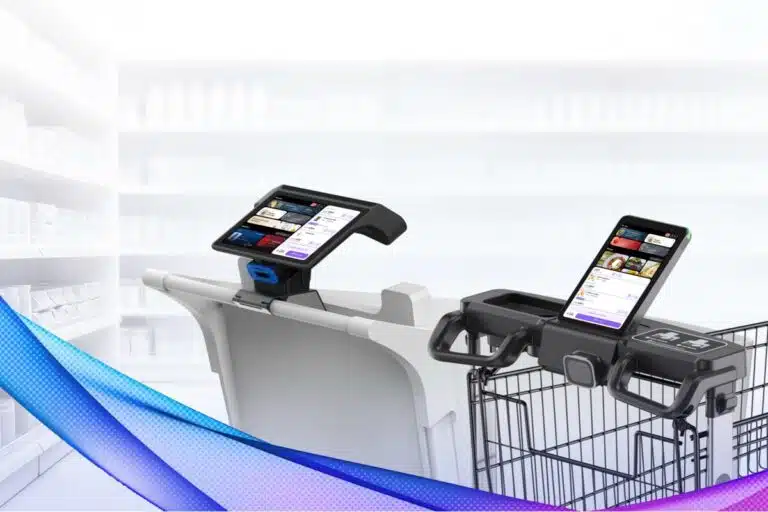 Two shopping trolleys with mounted touchscreen displays in a Hanshow product illustration